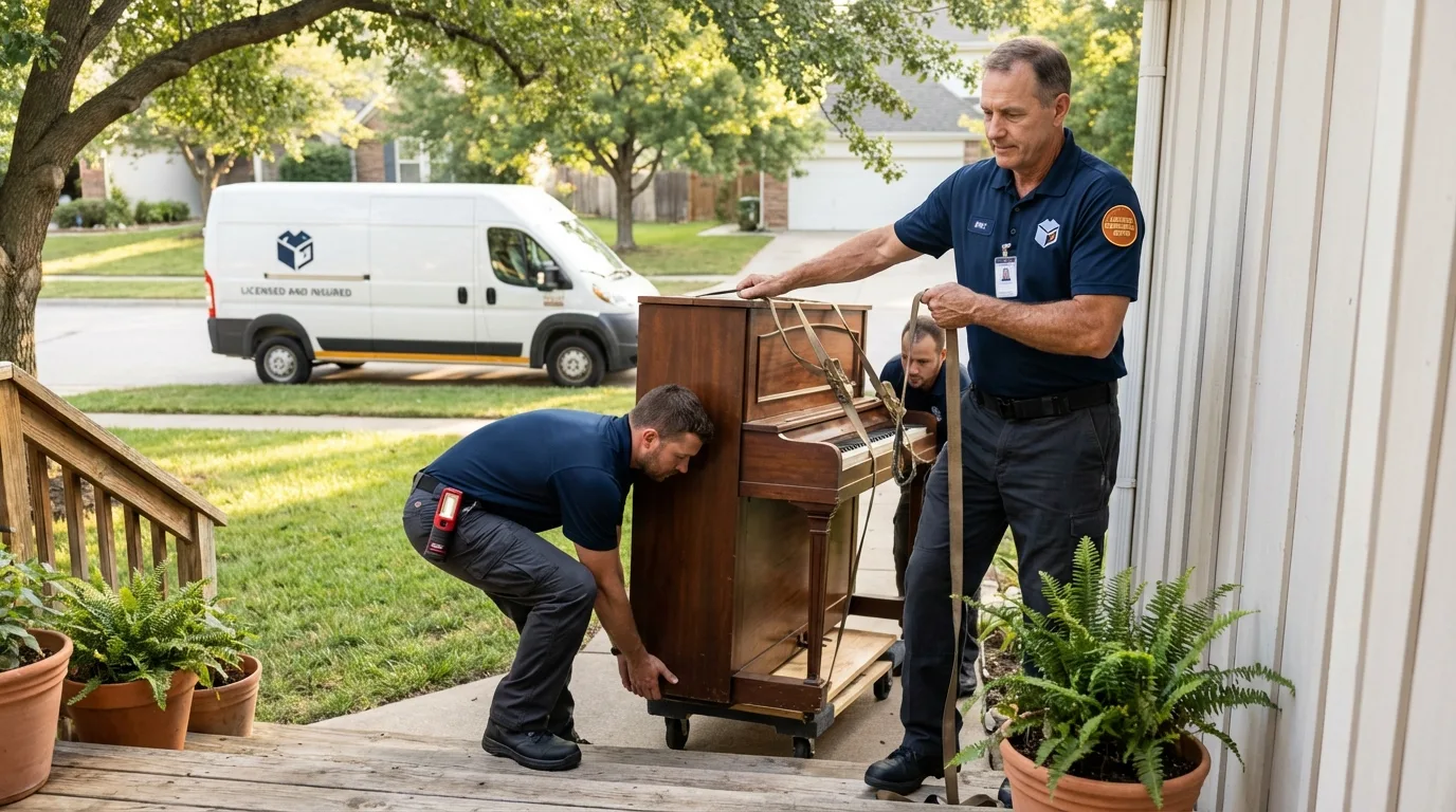 Licensed piano movers securing grand piano in Wayne, IL