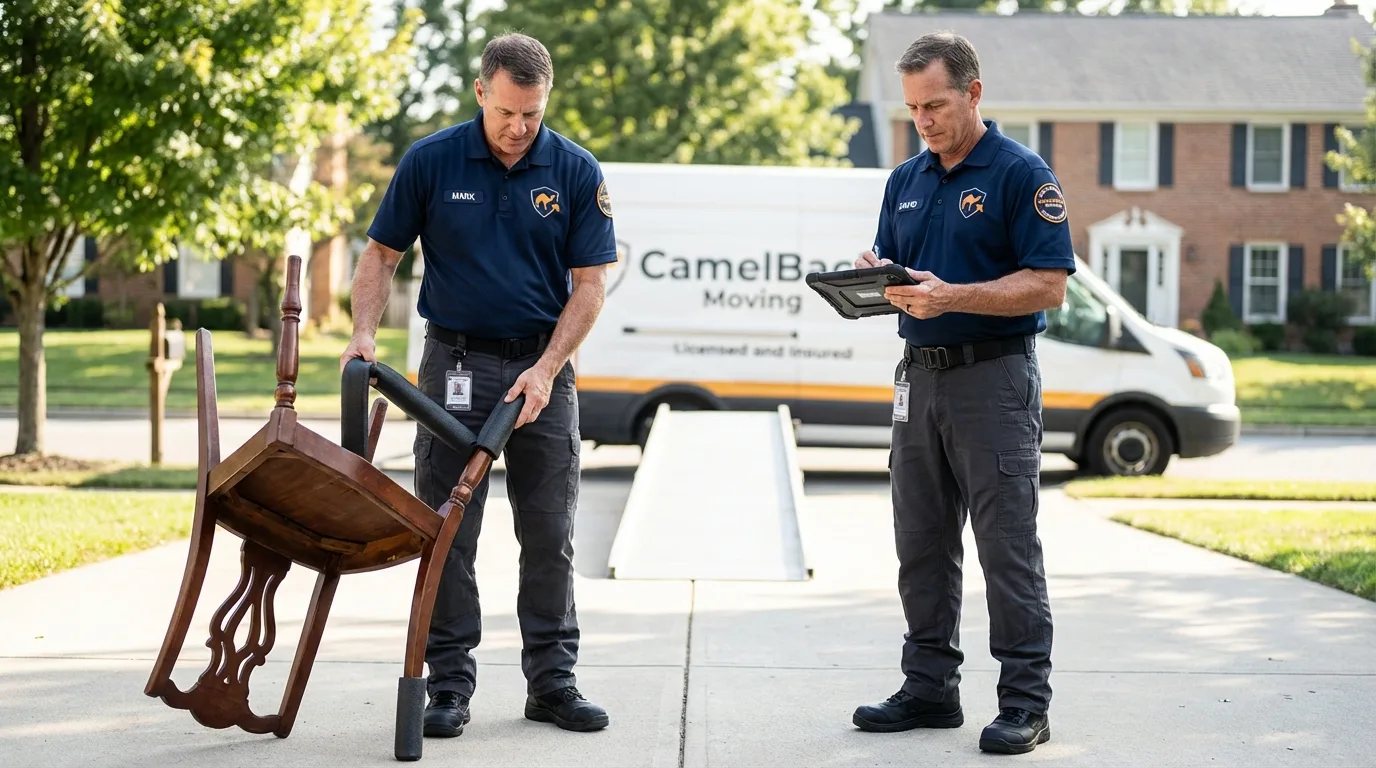 Movers inspecting furniture for damage prevention before loading in Wayne, IL