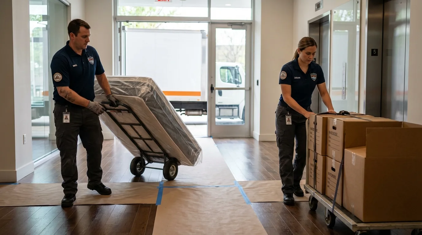 Professional apartment movers loading elevator in Wayne, IL